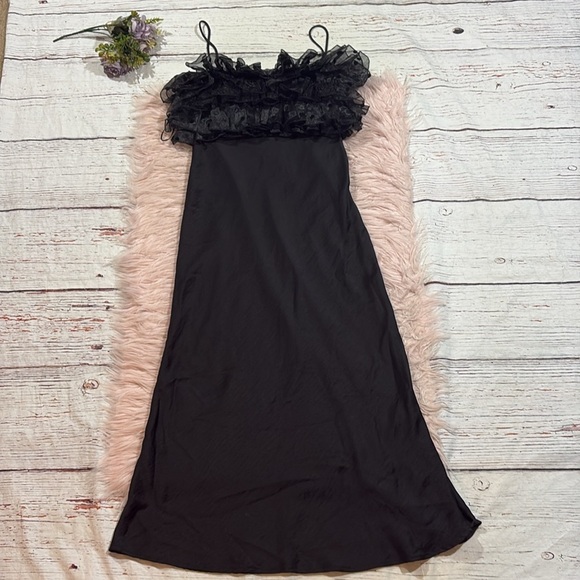 ZARA Organza Ruffle Slip Dress Polka Dot Midi Maxi Black Bloggers Fav - Picture 2 of 10